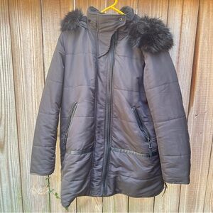 Zara women black puffer faux leather combination coat/XL